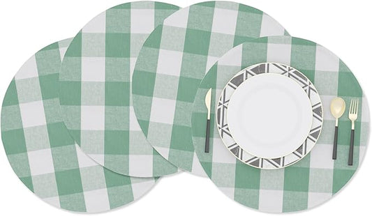 Green & White Cotton Buffalo Check Plaid Round Placemat 15 Inch Set of 4 Gingham eco-Friendly Fabric Handcrafted Machine Washable Indoor & Outdoor Tablemat