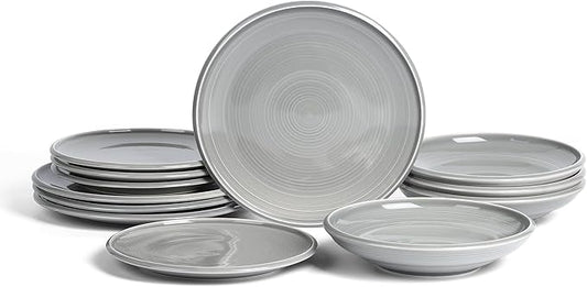 Earth & Clay Harmony 12-Piece Dinnerware Set Stoneware, Plates and Bowls Set, Includes Dinner and Salad Plates, Cereal Bowls, Dishwasher and Microwave Safe, Dishes for 4, Grey