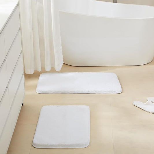 TECHMILLY Non-Slip Bathroom Rugs Sets 2 Piece, Fluffy Soft Luxury Microfiber Shower Mat, Absorbent, Washable & Quick Dry for Bath Floor, White