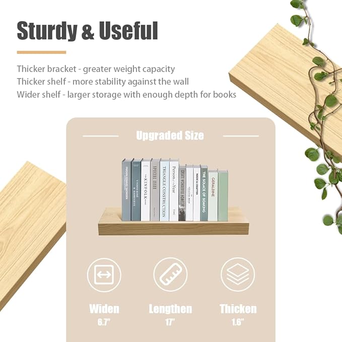 Floating Shelves for Wall, Natural Wood Shelf Decor for Bathroom Kitchen Bedroom, Hanging Mounted Invisible Bracket, Small 17 inch, Rustic Burlywood