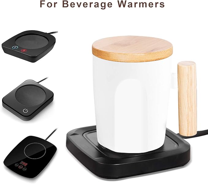 HOWAY Flat Bottom Mug with Wood Lid, Ceramic Tea Cup for Coffee Warmer, Universal, Flat Bottomed, Wooden Handle, 14oz