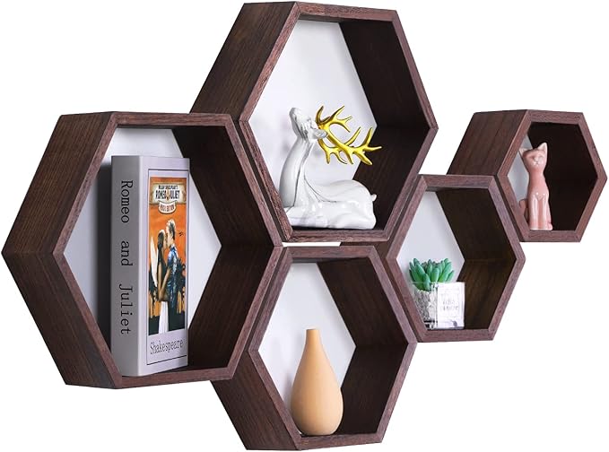 PHOENANCEE Hexagon Floating Shelves,Wall Mounted Wood Farmhouse Storage Honeycomb Wall Shelf Set of 5,for Bathroom, Kitchen, Bedroom, Living Room,Office,Driftwood Finish (Walnut)