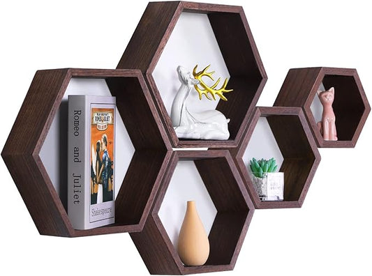 PHOENANCEE Hexagon Floating Shelves,Wall Mounted Wood Farmhouse Storage Honeycomb Wall Shelf Set of 5,for Bathroom, Kitchen, Bedroom, Living Room,Office,Driftwood Finish (Walnut)
