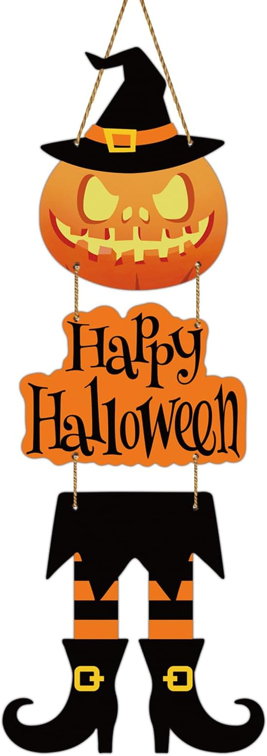 Halloween Door Decorations Halloween Wreath Witch Legs Front Door Hanger Scary Pumpkin Witch Hat Hanging Sign Wooden Wall Decor for Room Party Indoor Home Decor
