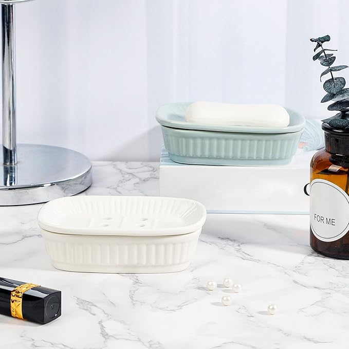 VanEnjoy Green Ceramic Soap Holder, Self Draining Soap Dish for Kitchen Sink, Decorative Bathroom Holder