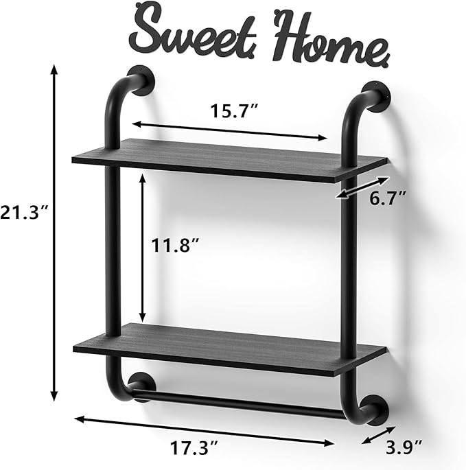 Bathroom Shelves Wall Mounted, Rustic Farmhouse Pipe Shelves, Wall Shelves 2-Tier, Industrial Pipe Shelving, Floating Shelf Decor for Bathroom, Kitchen, Bedroom, Living Room 17.3in Black