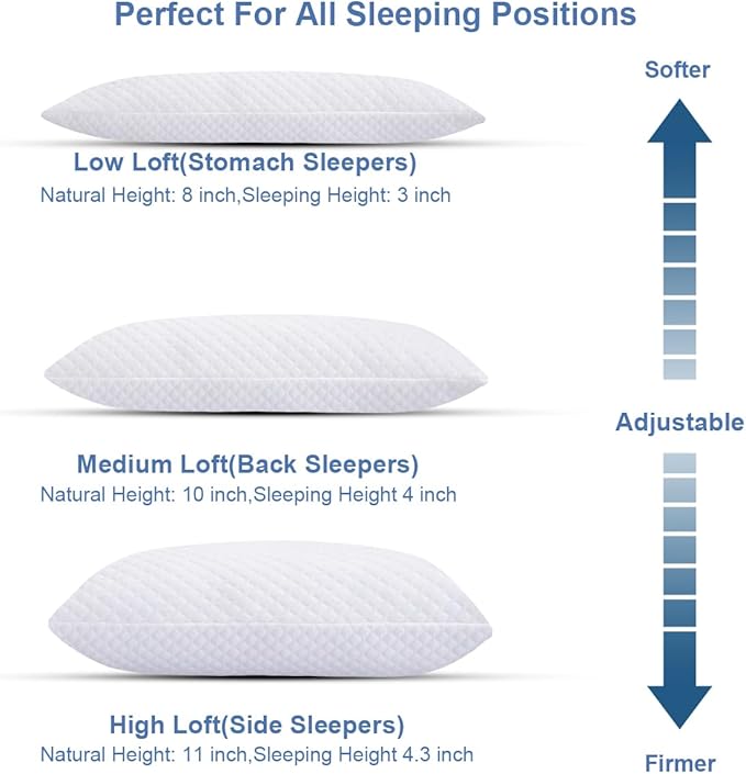 Shredded Memory Foam Pillows for Sleeping 2 Pack - Cooling Bed Pillows King Size Set of 2 - Medium Frim Gel Pillows for Side & Back Sleeper with Washable Removable Cover
