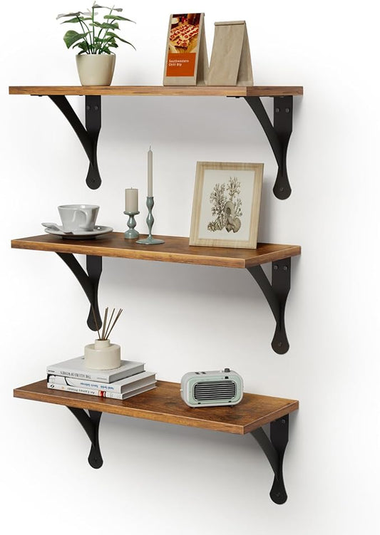 Wood Floating Shelves Set of 3, Wide Display Shelf Wall Mounted with Brackets, Easy Hanging Floating Shelves for Bedroom, Kitchen, Living Room, Bathroom (Rustic Brown)