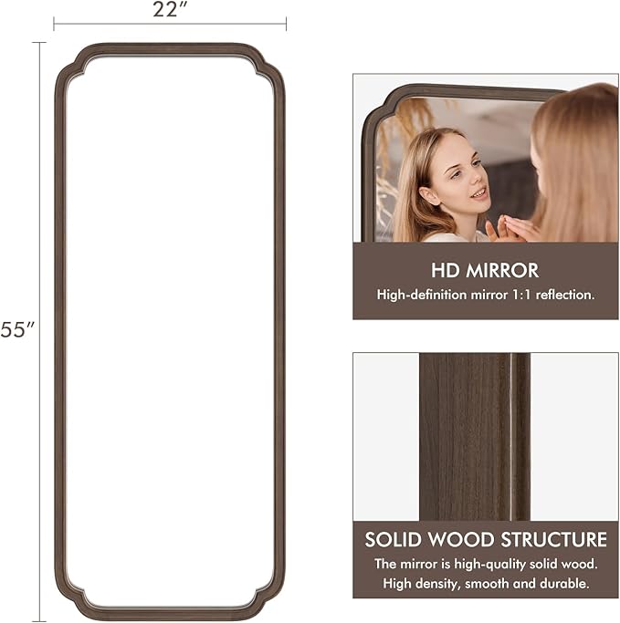 WallBeyond Full Length Mirror Wall Mounted 55"x22", Rustic Wooden Frame Floor Mirror, Large Full Body Mirror for Bedroom, Leaning or Hanging Against Wall (Walnut Solid Wood)