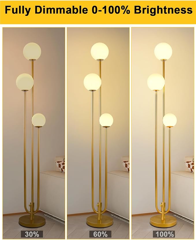 63IN 3-Light Dimmable Floor Lamp, Unique Tall Standing Lamps with 3 Gold Poles and 3000K G9 Bulbs for Reading, Mid Century Modern Floor Lamp for Living Room Bedroom Home Office