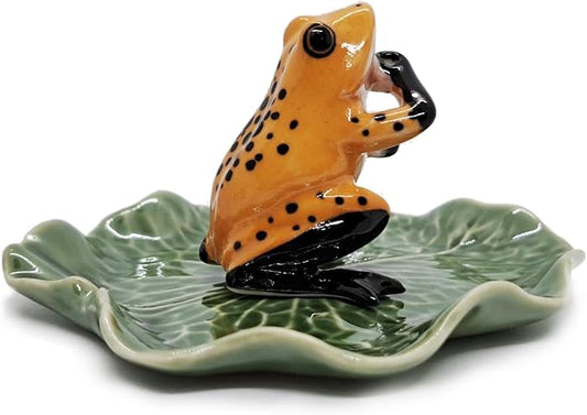 Tiny 2" High Yellow Black Frog On 4" Wide Lotus Leaf Incense Holder - Ceramic Incense Stick Tray Porcelain Miniature Handmade Animals Figurine Display Cute Mini Colorful Décor Gift