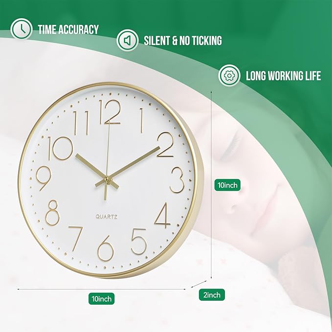 Wall Clock 10 Inch Non-Ticking Silent Modern Simple Style Round Decor Clock Gold Stereoscopic Dial Quartz Wall Clocks for Home/Office/School/Living Room/Bedroom/Kitchen
