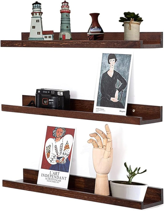 MBYD 16 Inch Wood Floating Shelves Wall Mounted Deep Walnut Picture Ledge Shelf Nursery Book Shelves for Home Decor for Bedrooms, Office, Living Room, Kitchen, 3 Same Sizes