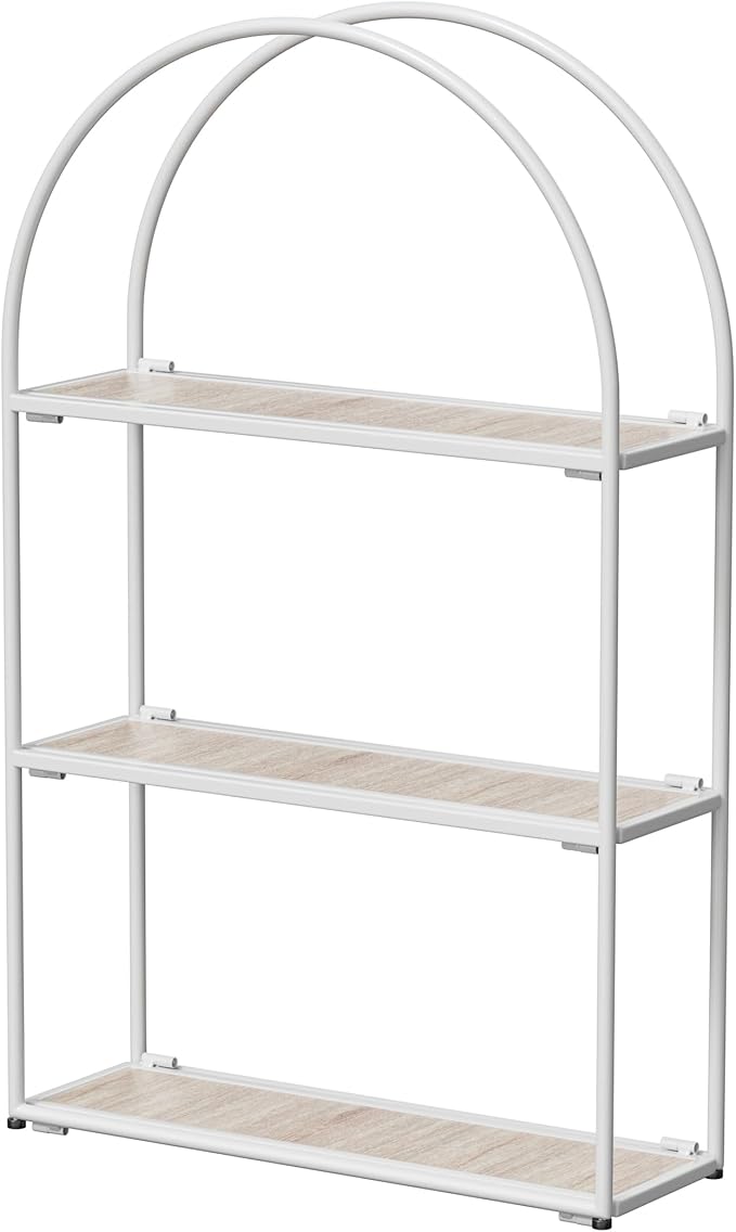 Crofy White Arched Frame Wall Shelf, Decorative 3 Tier Bathroom Wall Shelf with White Oak Finish Shelves and Robust Storage Capacity, 6" D x 17.9" W x 28.57" H