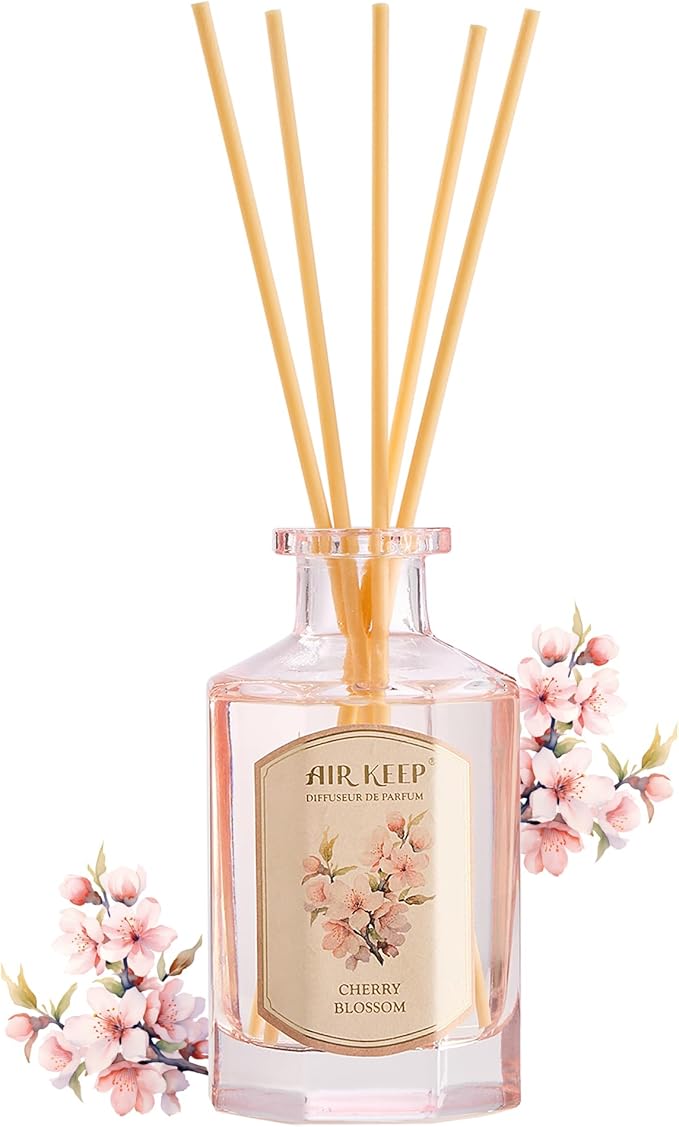Airkeep Reed Diffuser Set-6.09 oz (180ml) Cherry Blossom Scented Diffuser with 8 Reed Sticks Home Fragrance Oil Diffuser for Bathroom Shelf Decor