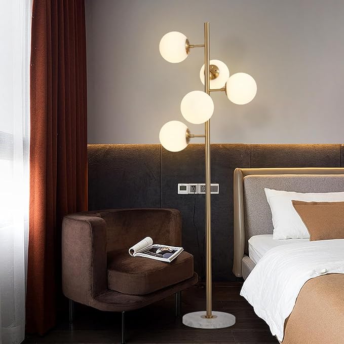 KCO Lighting 5-Light Frosted White Glass Globe Floor Lamp Mid Century Modern Gold Tall Pole Standing Light LED Standing Lamps with Foot Switch for Home Office (Gold)
