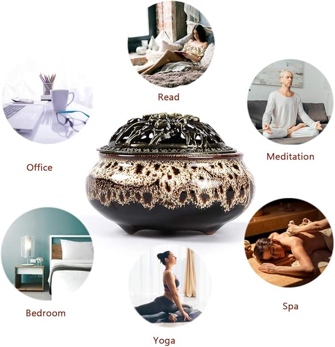 Ceramic Incense Burner with Incense Stick Holder + Insulation use for Stick or Coil Incense, Sage Cones and Frankincense (Fambe Gray)