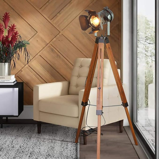 Industrial floor lamps for Living Room, Farmhouse Tripod Lamp for Bedrooms Vintage Steampunk Adjustable 55" Black Metal Camera Wooden Tall Standing Lights for Study Corner, Office (No E26 Bulb)