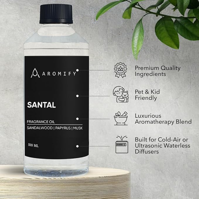 Santal Fragrance Oil 16.9 Fl Oz (500 mL) Essential Oil for Diffusers, Sandalwood & Leather Opening, Followed by Floral and Woodsy Notes, for Home, Spa & Office Use, Pure Aroma Ingredients