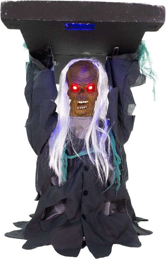 Haunted Hill Farm Tombstone Lifter by Tekky, Battery-Operated, Sound Activated Animatronic Zombie with Sound Effects and Lights for Indoor or Covered Outdoor Creepy Halloween Decoration