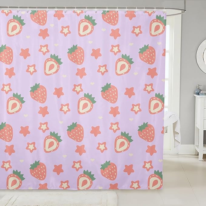 Feelyou Purple Strawberry Bathroom Waterproof Accessories with 12 Hooks Kawaii Fruit Shower Curtain for Kids Boys Girls Cute Stars Strawberry Fabric Shower Curtain Kawaii Lovely Curtains,72x78 Inches