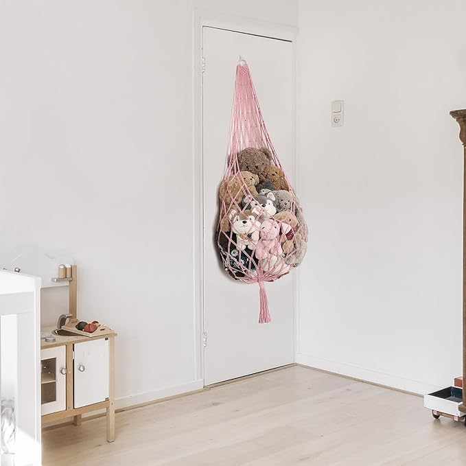 Stuffed Animal Hammock Corner Hanging Net for Stuff Animal Storage Macrame Toy Display Plush Toy Holder-Perfect for Tiny Space Walls-Kid Bedroom Decor Nursery Playroom Organizer (Light Pink)
