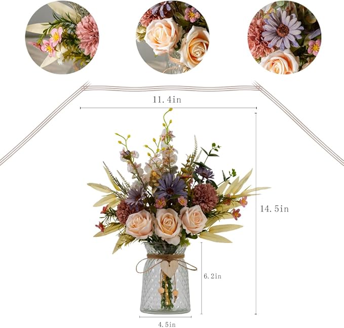 Silk Flowers with Vase, Artificial Rose Flowers Arrangement with Glass Vase Faux Rose for Decoration Table Centerpiece (Rose Champagne)