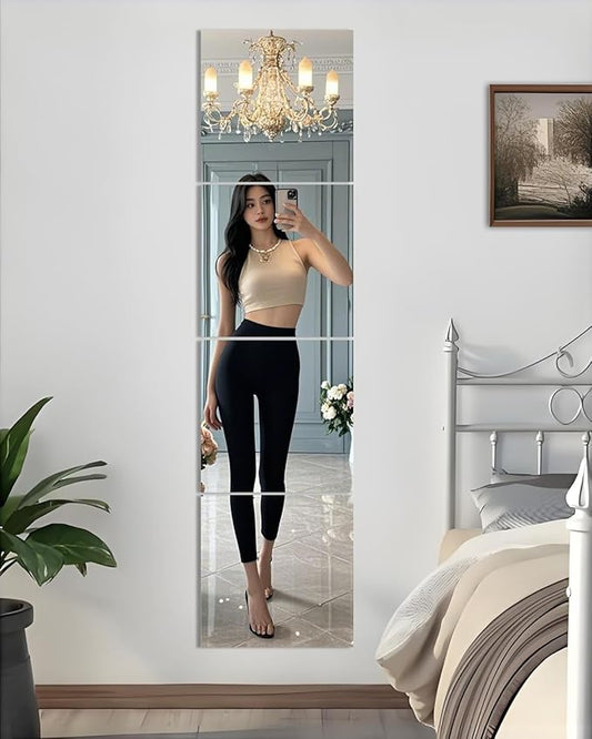 SUNQUEEN 12" x 12" Glass Mirror Tiles for Wall – Frameless Full Length Mirror Wall Mounted, Full Body Mirrors for Bedroom Home Gym Door & Bathroom (4-Pack)