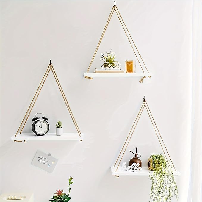 Boho Decor Hanging Shelf, Storage Display Shelves for Hanging Plants Photos, Rustic Wood Floating Shelves for Nursery Bedroom Bathroom Living Room, Wall Decor (Brown)