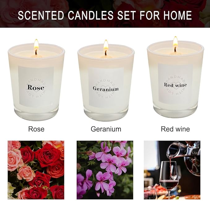Candles for Home Scented, 3 Pack White Glass Jar Candles, Roses, Red Wine, Geranium Candles, Aromatherapy Candle Set for Stress Relief or Best Gift