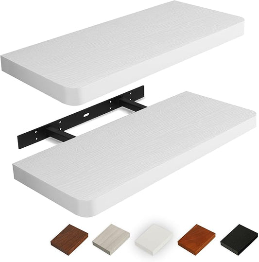 Floating Shelves for Wall, Wood Shelves with Invisible Brackets for Bathroom, Living Room, Bedroom and Kitchen, Long Wall Shelf for Books/Storage/Room Decor, 24 Inch, Set of 2, White