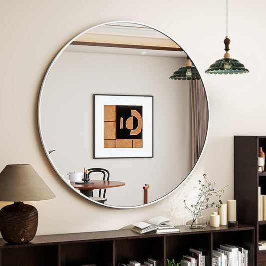 White Round Mirror, 20 Inch Bathroom Mirror with Metal Frame, Wall Wall-Mounted for Entryway, Bathroom, Vanity, Living Room