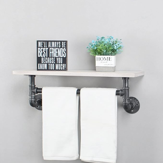 Industrial Pipe Shelving,Iron Pipe Shelves Industrial Bathroom Shelves with Towel bar,24in Rustic Metal Pipe Floating Shelves Pipe Wall Shelf,1 Tier Industrial Shelf Wall Mounted,Retro White