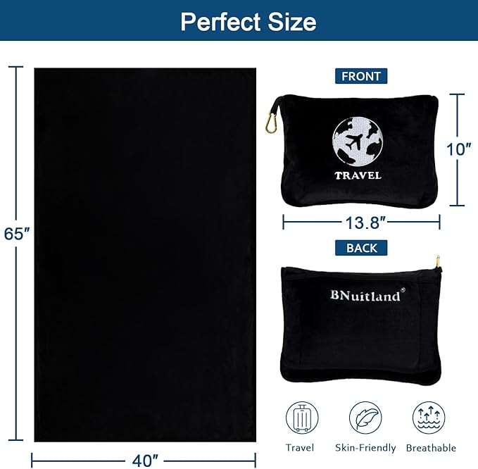 Bnuitland Travel Blanket and Pillow 2 in 1, Soft Flannel Airplane Blanket in Bag Compact-Long Flight Essential for Adults and Kids, Portable Luggage Sleeve and Backpack Clip, 65×40 inch Black