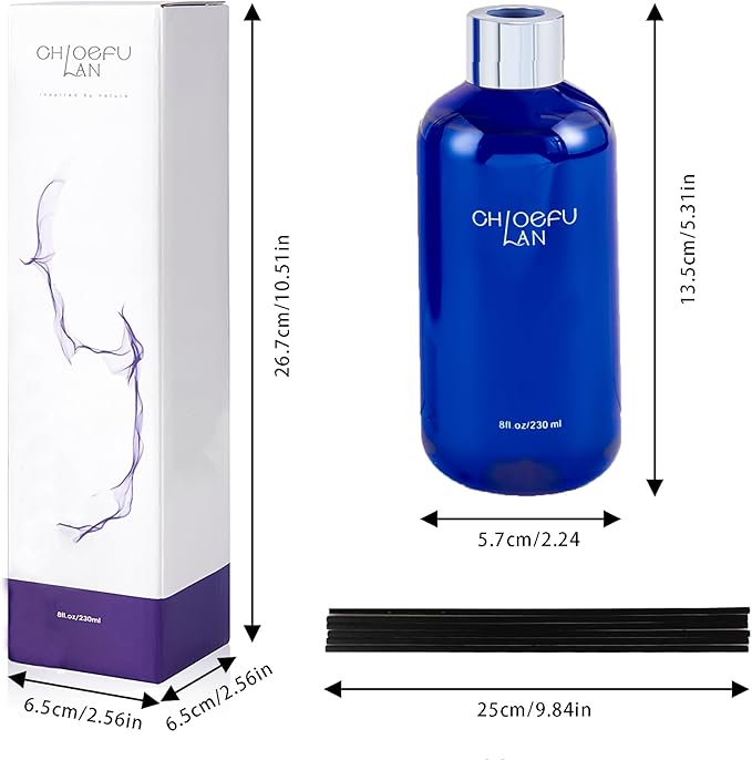 Chloefu Lan Lavender & Eucalyptus Reéd Diffuser,8.1 oz Natural Essential Scented Oil with Diffuser Sticks,Blue Jar, Living Room Decor, Diffuser Oil Gift Set