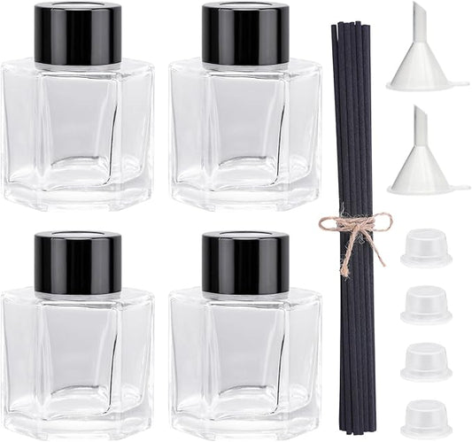 4PCS Glass Reed Diffuser Bottle Empty Diffuser Jars with Black Caps and Sticks Set 50ML 1.76Ounce Fragrance Accessories Use for DIY Essential Oils Home Fragrance