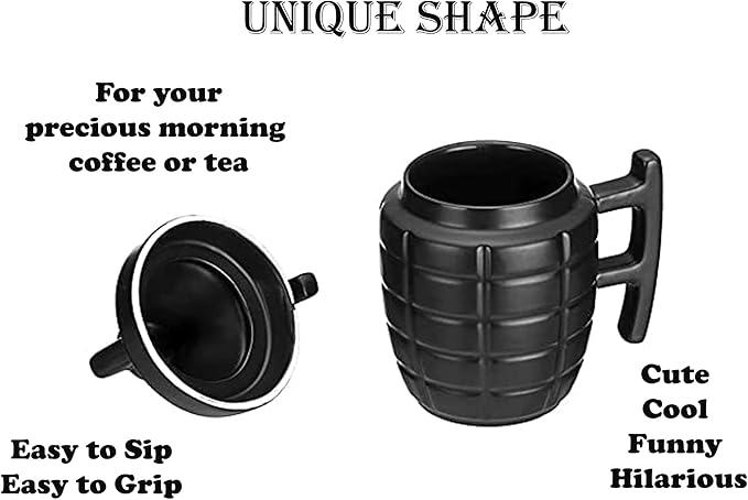 Caliber Gourmet Grenade Ceramic Large Coffee Mug with Lid (11.8oz), Great Tea Coffee Cup, fits K-Cup coffee makers, Travel, Camping Trips, Loved by Military, Veterans, Gun Lovers, Christmas Gift