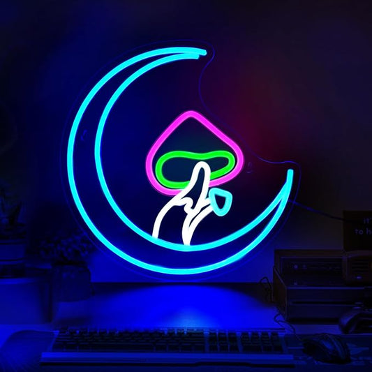 Mushroom Moon Neon Sign Led Neon Signs for Wall Decor Blue Light Up Sign Preppy Girls Room Decor USB Powered