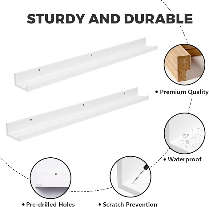 Muzilife 45.3" Large Floating Wall Ledge Shelves with Lip - Set of 2 Wood Floating Shelves - White Wall Mounted Picture Ledge for Office, Bathroom, Bedroom, Living Room, Kitchen