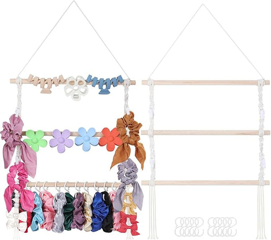 Macrame Hair Claw Clip Organizer, Hanging Bow Hanging Hair Clip Holder and Storage for Women Girls Hair Accessories, Boho Wall Decor, Suitable Home Door Closet Bedroom Decor