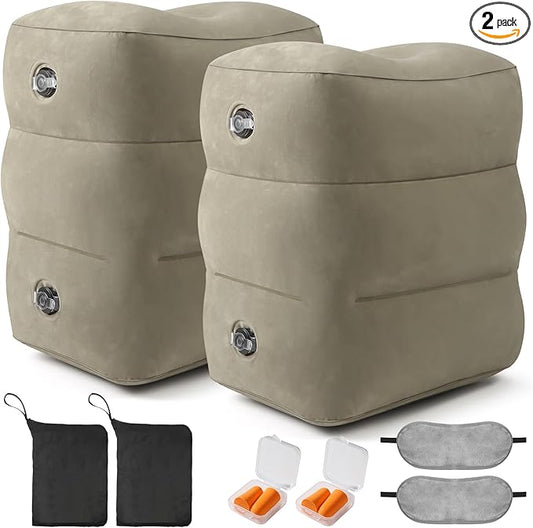 Inflatable Foot Rest Pillow for Travel - Adjustable Height Flight Foot Rest with Eye Mask and Earplugs for Kids & Adults on Airplane, Car, Train, Office, and Home (Gray, 2 PCS)