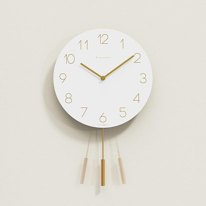 mooas Flatwood Wall Clock Pendulum White,12" Wood Wall Clock Non-Ticking Sweep Movement Decorative Clock Battery Operated Clock for Home Living Room Kitchen Bedroom Office School