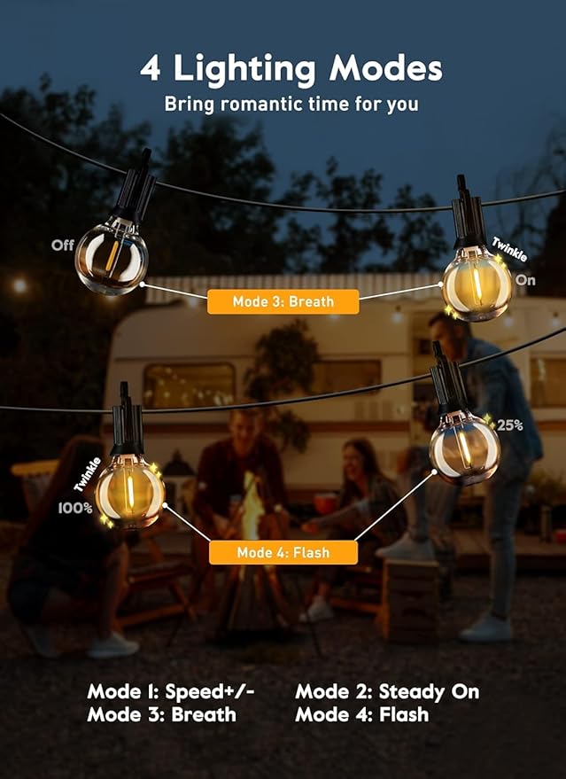 Brightown 38Ft Outdoor String Lights with Remote & 15 Shatterproof LED Bulbs - Waterproof Patio Hanging Lamps for Porch Balcony Bistro Cafe