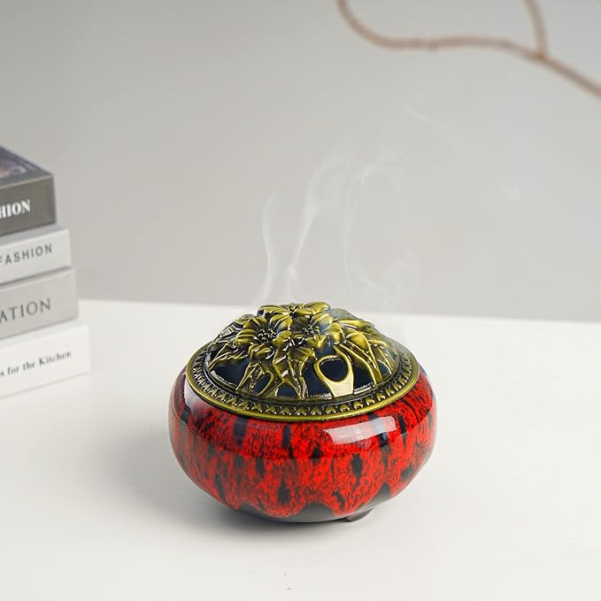 Incense Burner with Calabash Incense Stick Holder - Porcelain Charcoal Censer for Use with Resin Granular Powder Cone or Coil Incense (Kiln-Colored Red)