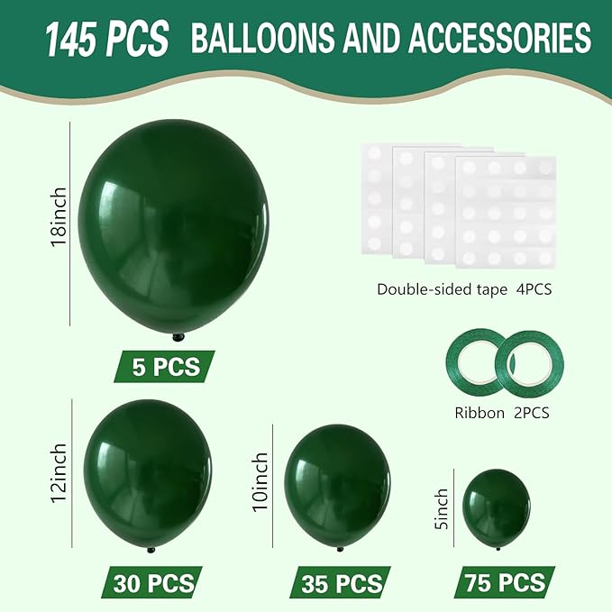 Dark Green Balloons 145pcs Different Sizes 18 12 10 5 Inch Forest Green Balloons for Birthday Wedding Baby Shower Jungle Summer Theme Anniversary Celebration Decoration