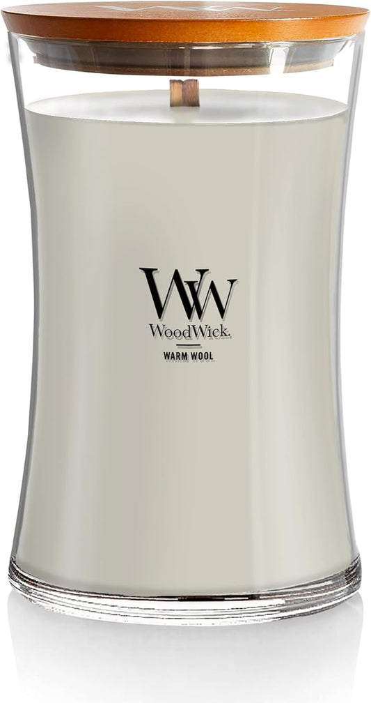 WoodWick Warm Wool Scented Hourglass Candle, Large 21.5 oz, with Crackling Pluswick Innovation, Up to 130 Hours of Smooth Soy-Paraffin Blend Burn Time