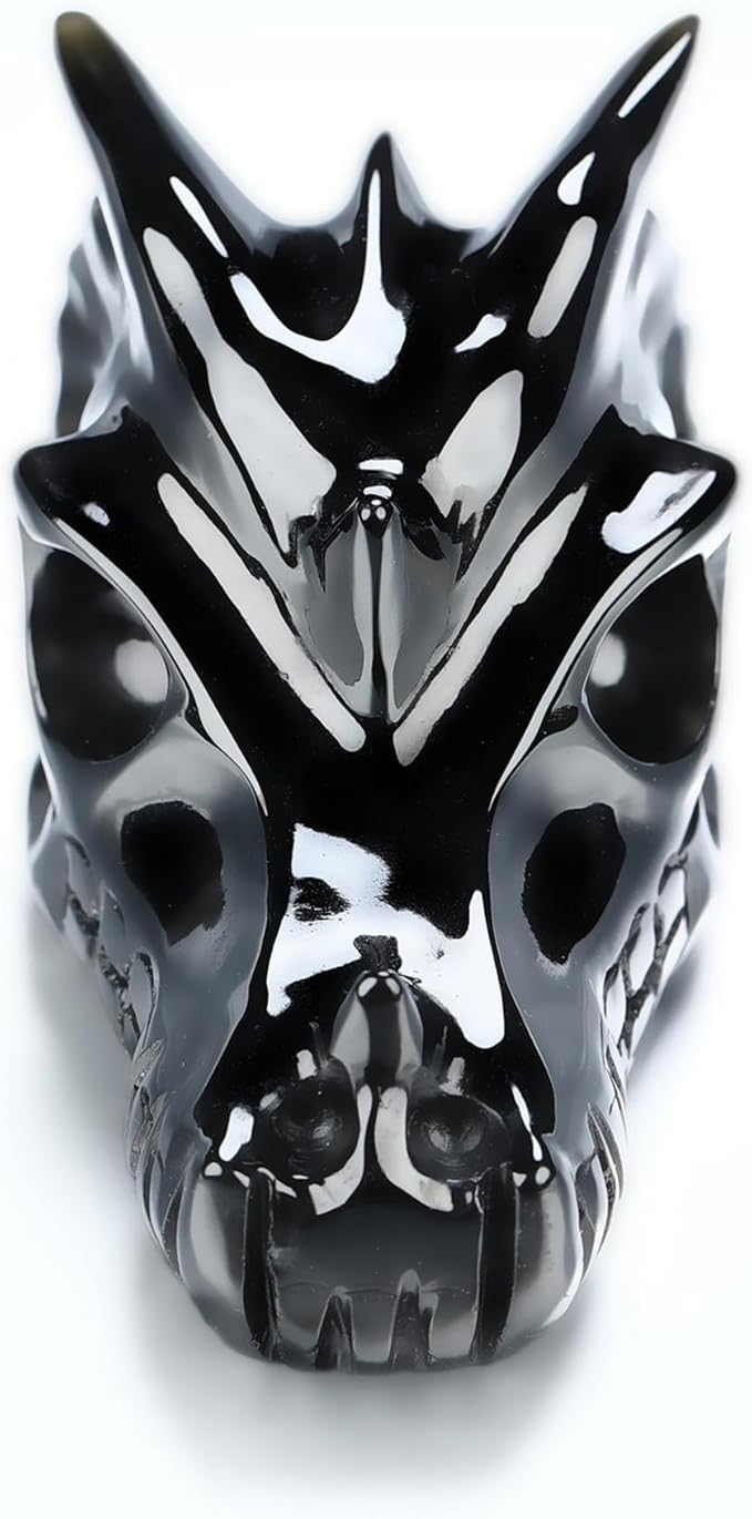 Skullis 2.0" Black Obsidian Hand Carved Crystal Dragon Skull Sculpture, Crystal Healing.1511