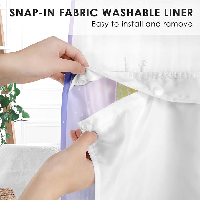 Mermaid Galaxy Summer No Hook Shower Curtain with Snap in Liner, Pink Purple Kids Girl Bath Curtain with Double Layers Waterproof Fabric and Mesh Top Window 71x74 Inch