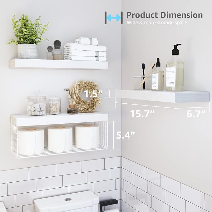 QEEIG Bathroom Shelves Over Toilet - Wall Mounted Floating Shelves Toilet Paper Storage Small Farmhouse Decor Shelf 16 inch Set of 3, White (019-W3)
