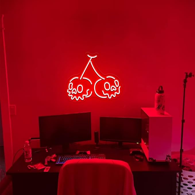 Skull Neon Sign,Cherry Wall Decor for Bedroom,Halloween Horror Decor,Gothic Red Light for Party,USB Powered Cherry Skull,Goth Lover Gifts-15"Red
